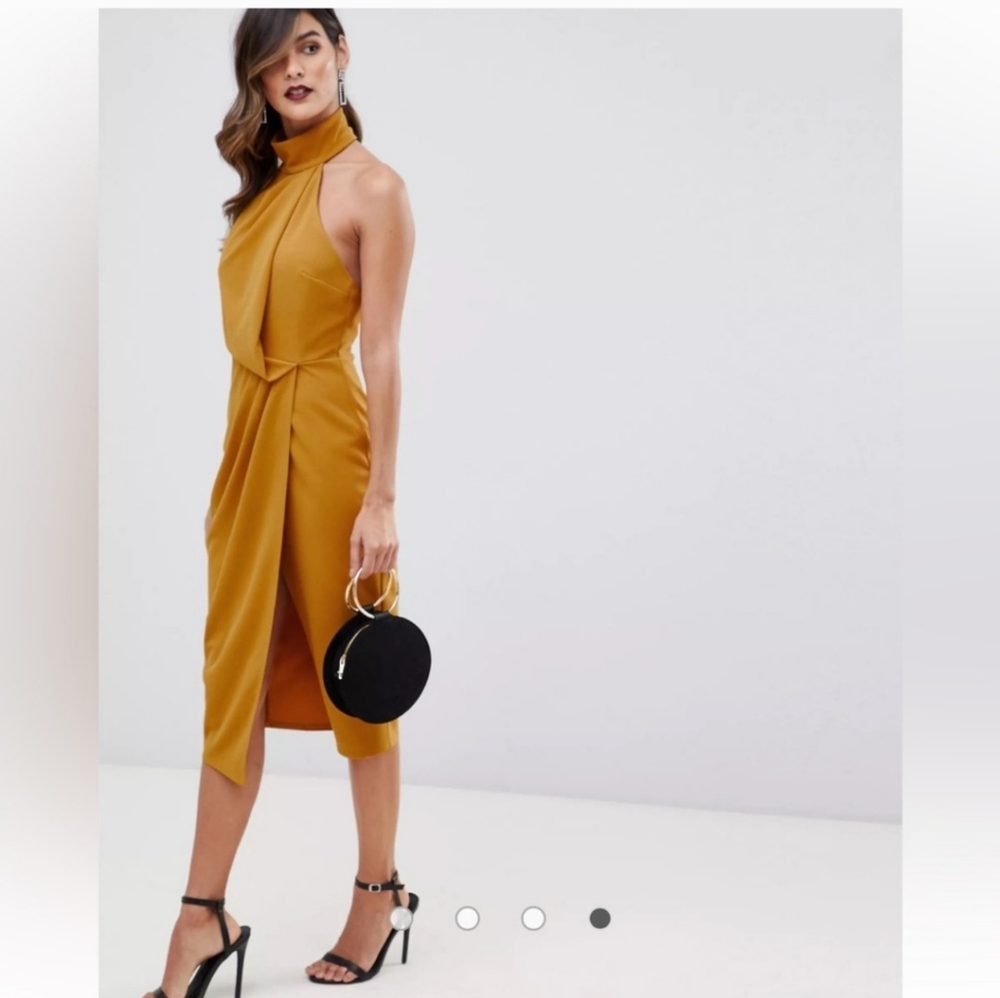 Asos Gold Asymmetrical Ruched Halter Dress
